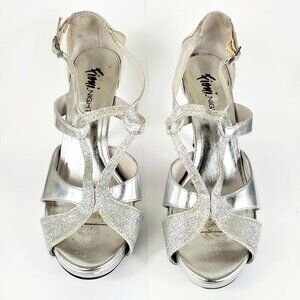 Fioni Night Women’s Sparkly Silver Strappy Heels Size 8